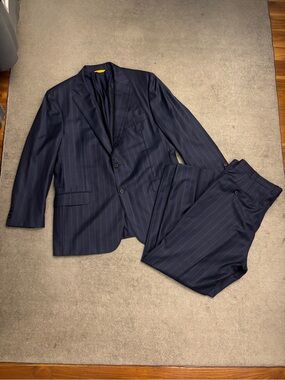Hickey Freeman Traveler Suit Jacket & Pants Luxury Wool Navy Blue